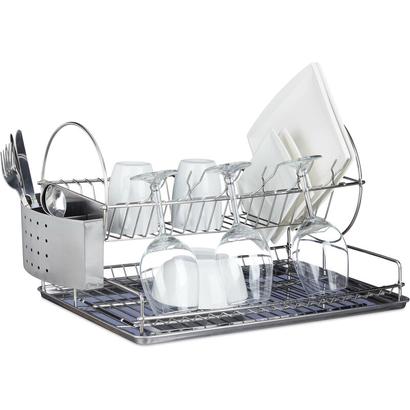 Egouttoir à vaisselle en inox avec porte-couverts verre bac amovible eau HxlxP: 29,5 x 51 x 31,5 cm, argenté - Relaxdays