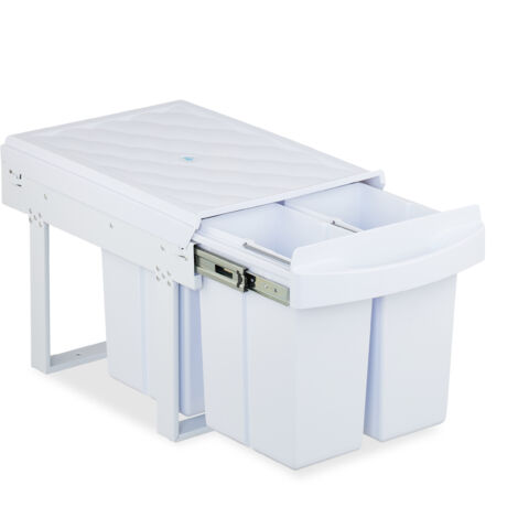 Relaxdays Einbaumülleimer, 4 Fächer, 4x 8 l, HxBxT: 34,6 x 34 x 51,8 cm, ausziehbar, Müllsystem Unterschrank, weiß