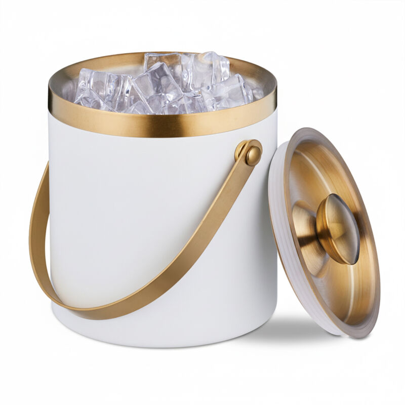 Relaxdays Eiswürfelbehälter, Edelstahl, Doppelwandig, Eiseimer Mit Deckel & Henkel, 1, 5 Liter, Eiswürfelkübel, Weiß/gold