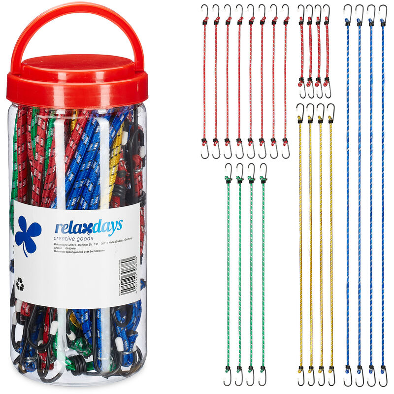 Relaxdays Bungee Cord, Set of 24, Tensioner with Hook, Camping, Car, Bicycle, Universal Expander, 5 Sizes, Multicoloured