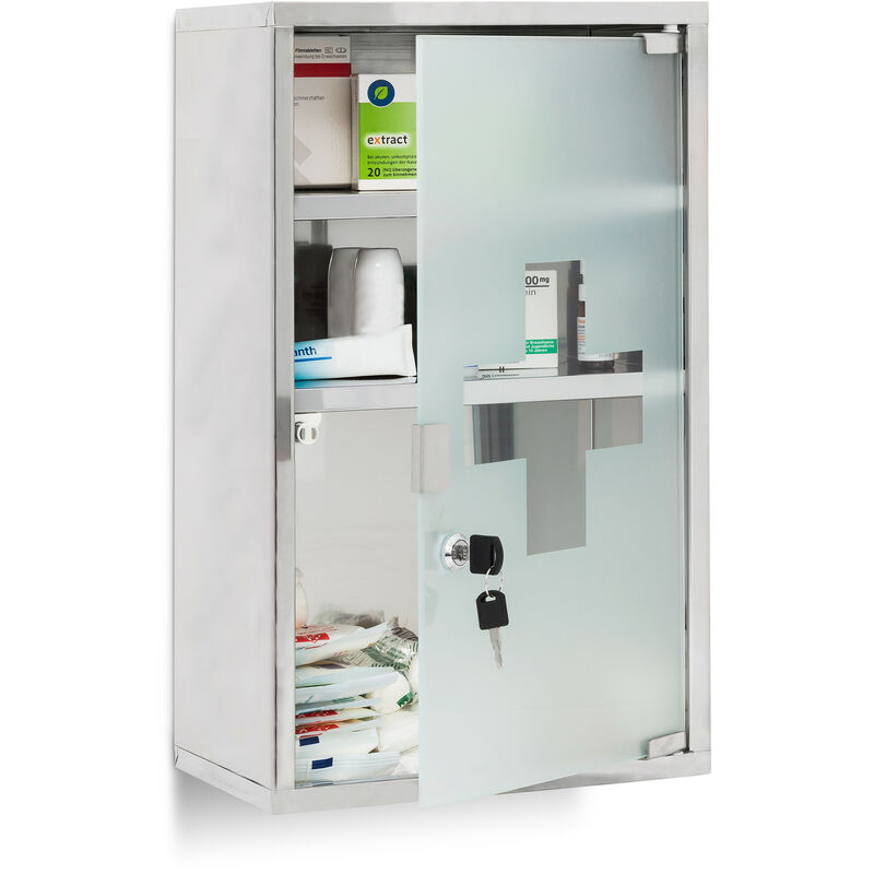 Relaxdays Emergency Medicine Cabinet Xl Stainless Steel 50 5 X 30 X 18 Cm With 3 Shelves And Glass Door Lockable With 2 Keys Silver 8100190932008