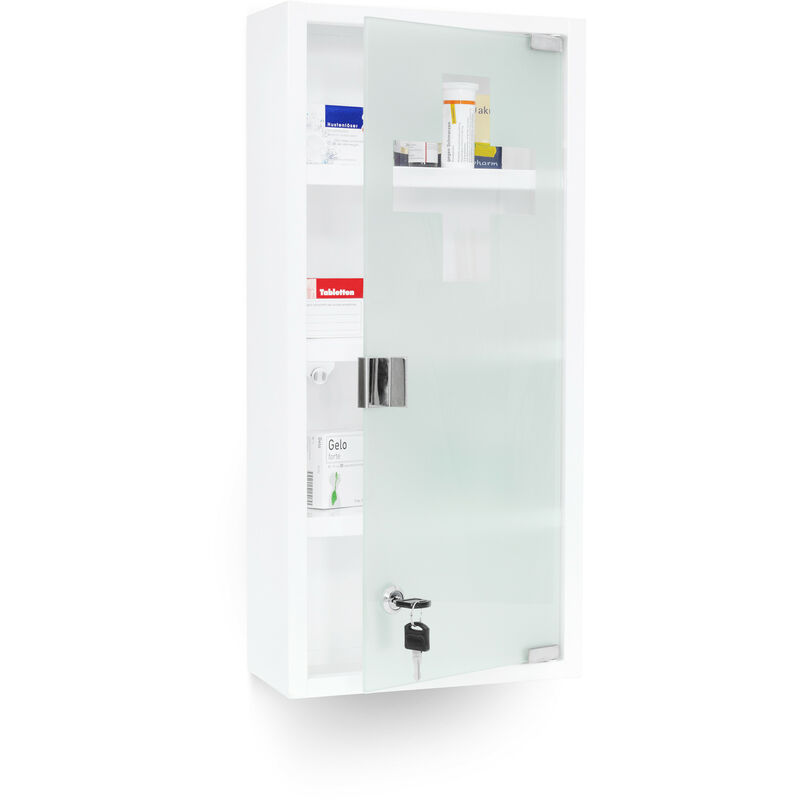 Emergency xxl Medicine Cabinet, 57 x 27 x 12 cm, With 4 Shelves And 2 Keys, Metal, Magnetic Door, Child-Proof, White - Relaxdays