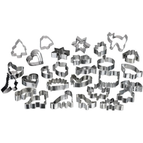 Relaxdays Emporte-pièces en lot de 36, pour biscuits, Noël, anniversaires, différentes formes, acier inoxydable, argenté