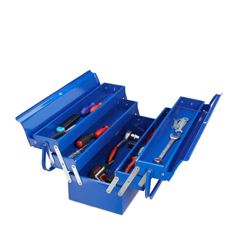 Empty Tool Box, 5 Compartments, With Handle, Metal, Lockable, Toolbox, hwd 21 x 53 x 20 cm, Blue - Relaxdays