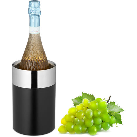 Relaxdays Enfriador Botella Vino Doble Pared, Vino, Cava y Vino Espumoso, Acero Inox., 18,5x12cm, Negro/Plateado