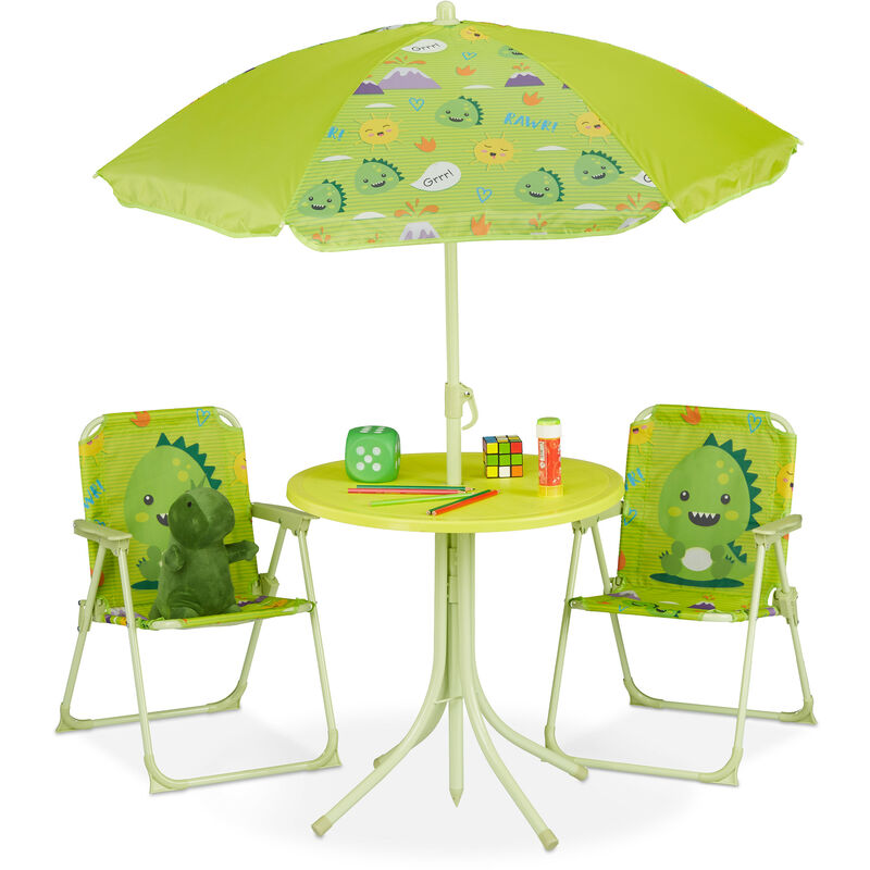 Relaxdays - Ensemble chaise table de camping, pour enfants, meubles, avec parasol, pliables, motif monstre, jardin, vert