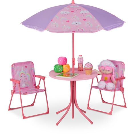   Ensemble chaise table de camping, pour enfants, meubles, avec parasol, pliables, motif licorne, jardin, rose