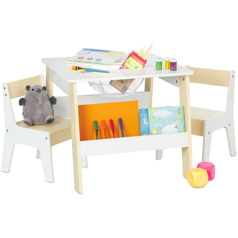 Relaxdays - Ensemble mobilier enfants, table, 2 chaises, rangements, mixte, coin salon chambre d'enfant, blanc-beige