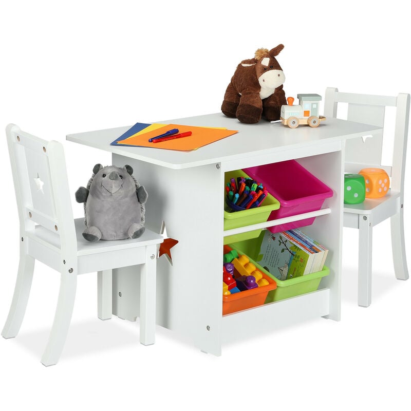 Ensemble mobilier enfants, table dînette, 2 chaises, rangements, mixte, coin salon chambre d'enfant, blanc - Relaxdays