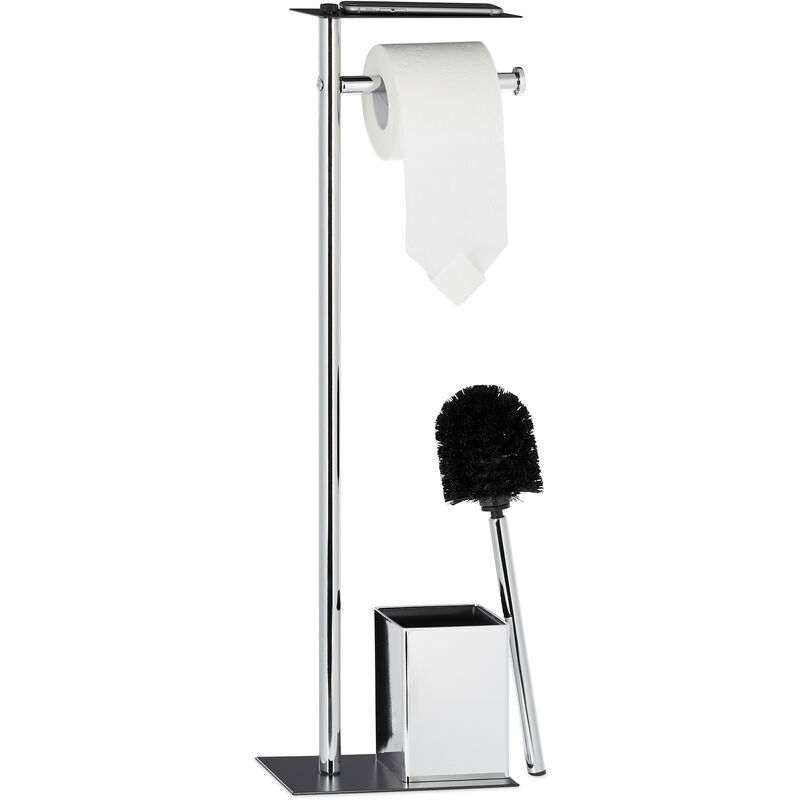 Relaxdays - Ensemble support brosse wc porte-papier toilettes fer chromé serviteur HxlxP: 66x20x13 cm, noir/argenté