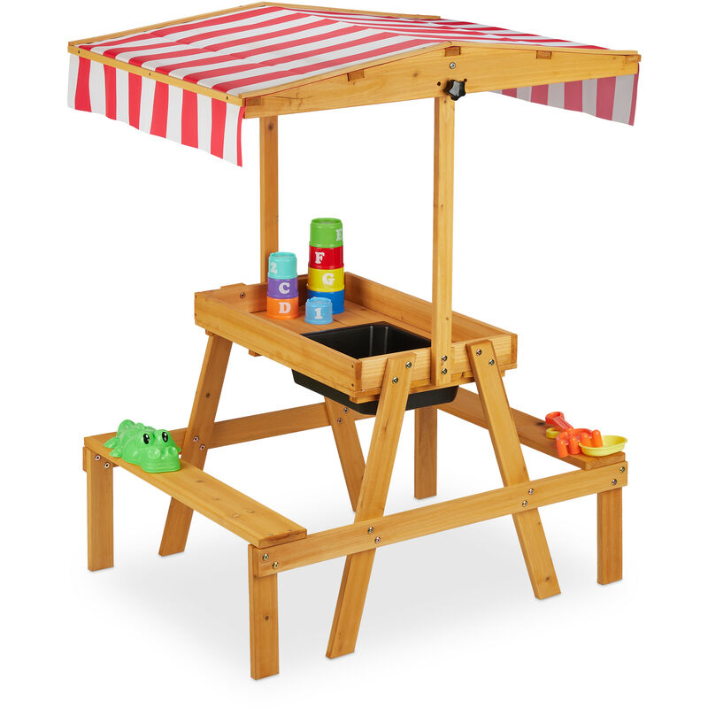 Relaxdays - Ensemble table chaise, banc avec espace de jeux, protection solaire, extérieur, boue, en bois HlP 110x65x83cm