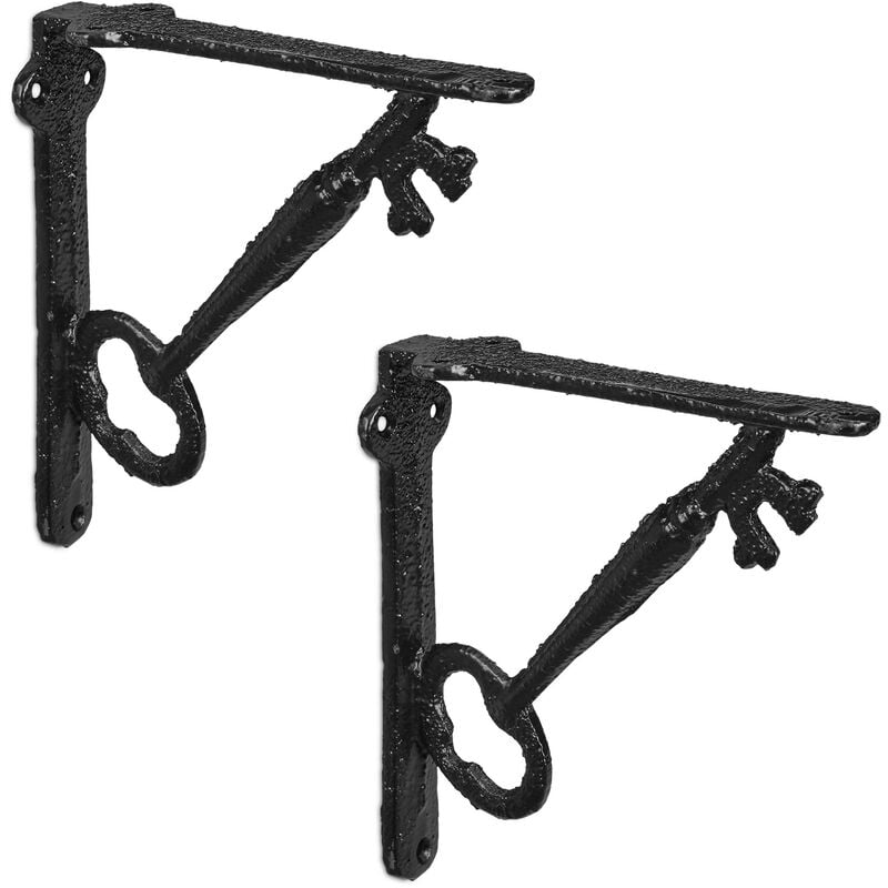 Relaxdays - querre de fixation lot de 2, Design clé, HxLxP: 14,5 x 4 x 14,5 cm, support étagère murale, noir