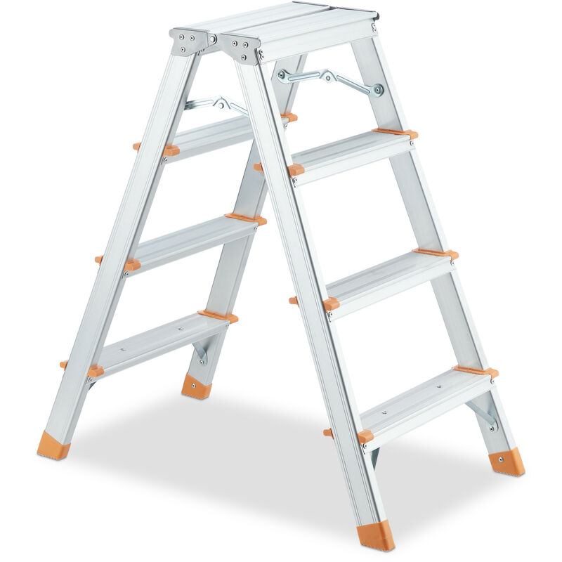 Escabeau pliable, alu et pp, charge max. 150 kg, utilisable des 2 côtés, 4 marches, argenté/orange - Relaxdays