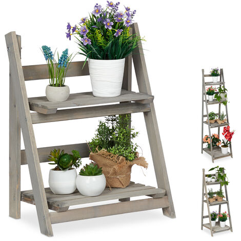 Relaxdays Escalier à fleurs, étagère bois, Escalier plantes échelle pliante intérieur, HxlxP: 51,5 x 41 x 24 cm, gris