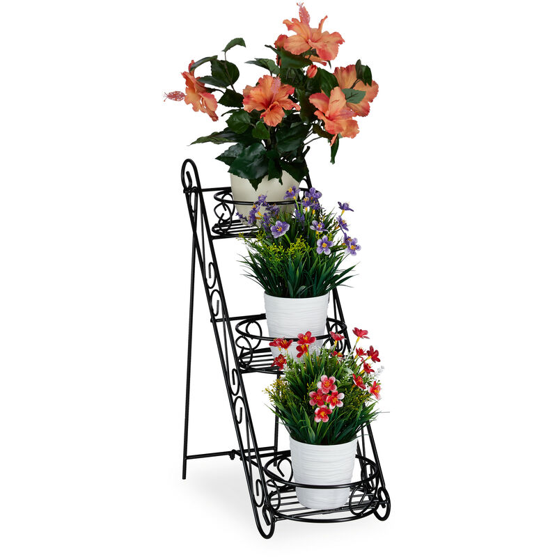 Escalier fleurs métal 3 niveaux, Support pot de fleurs, Étagère pour plantes rond 53,5 x 20 x 45,5 cm, noir - Relaxdays