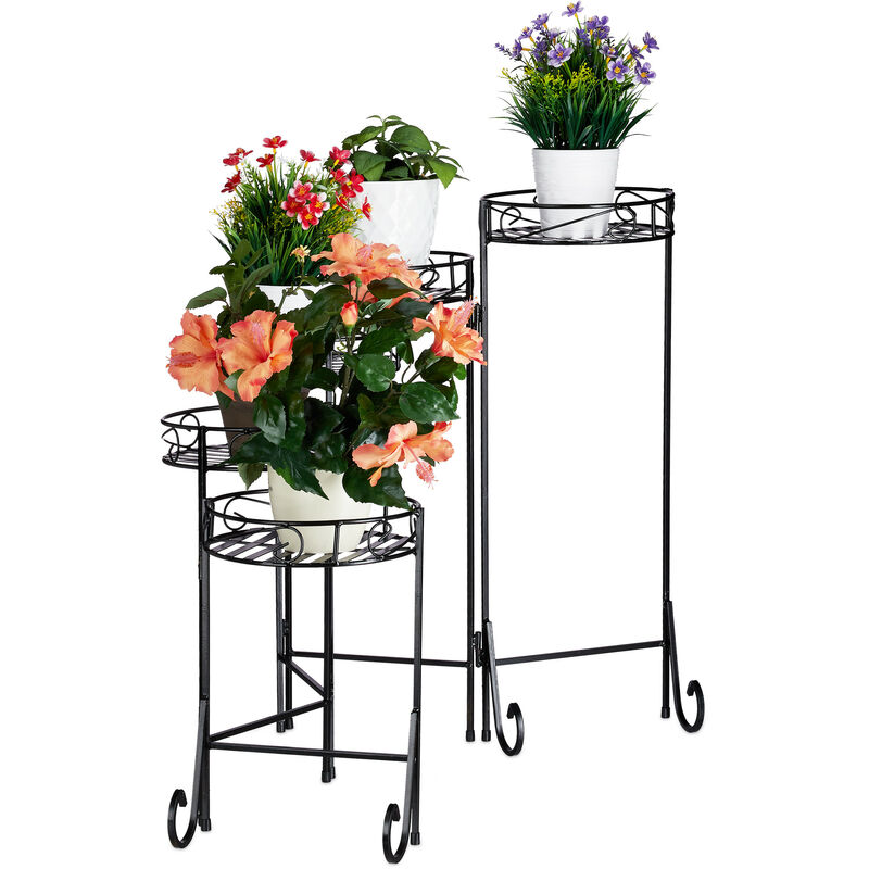 Escalier fleurs métal 5 niveaux, Support pot de fleurs, Étagère pour plantes rond décoration 65x125x23cm, noir - Relaxdays