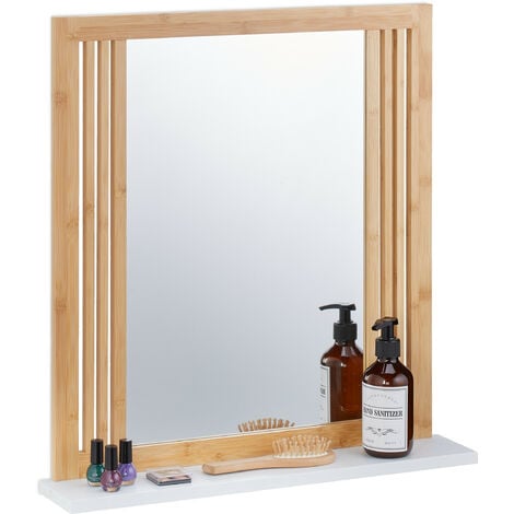 Relaxdays Espejo de Baño con Balda, Bambú y MDF, Rectangular, 56,5 x 54 x 10 cm, Montaje a la Pared, Natural y Blanco