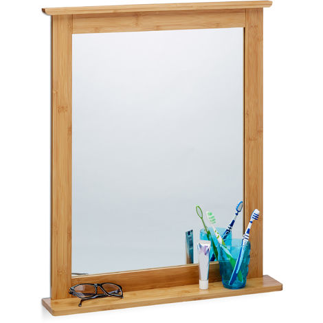   Espejo de Pared Bambú, Grande, con Balda, Colgante, Marco de Madera, para Baño o Salón, Marrón Natural