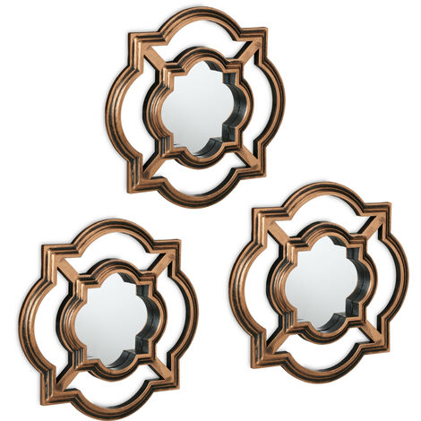 Relaxdays Espejos Pared Set 3 Molduras Curvas, Retro, 25,5 x 25,5 cm, Salón, Dormitorio, Decorativos, Dorado y Negro