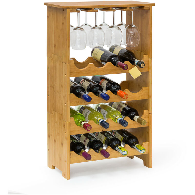 Botellero Vino de Bambú, 84 x 50 x 24 cm, Estante 16 Botellas y 12 Copas, 3 Niveles, Apilable, Marrón Natural - Relaxdays