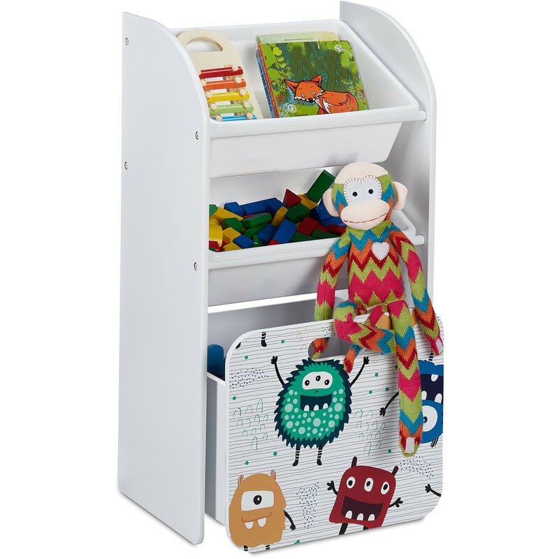 Meuble à jouets avec 6 boîtes, 80,5 x 82,5 x 30 cm, thème de 'petits monstres', 2 caisses sur roulettes, blanc - Relaxdays