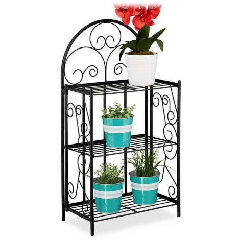 Relaxdays Estantería para Plantas, 3 Baldas, Balcón, Plegable, Interior y Exterior, Metal, Vintage, 83x44,5x25 cm, Negro