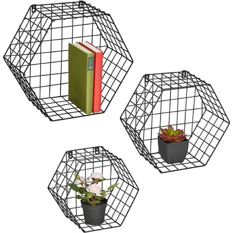 Relaxdays Estantería Pared Industrial en Set 3 Unidades, Balda Flotante Diseño Hexagonal, Metal, 33x38x18 cm, Negro