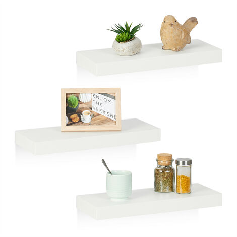 Relaxdays Estantes Pared Colgantes, Pack de 3, 38 x 15 cm, Baldas Flotantes, MDF, Diseño Moderno, Set Repisas, Blanco