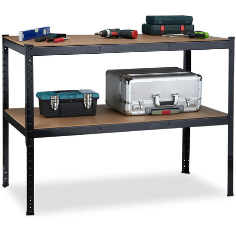 Relaxdays – Établi 2 niveaux hauteur réglable – Acier et MDF – Dimensions H 90 x L 120 x P 60 cm – Capacité 150 kg – Montage sans perçage - HLP 90 X
