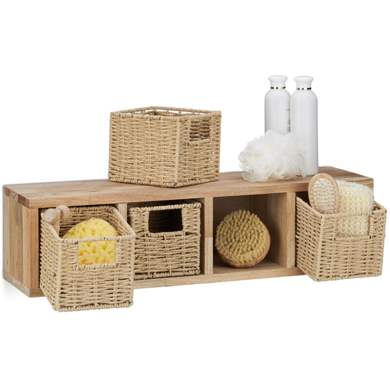 Relaxdays - 4x Etageres cube rangement, 8 paniers amovibles, corbeille bois noyer couloir chambre cuisine montage mural, nature