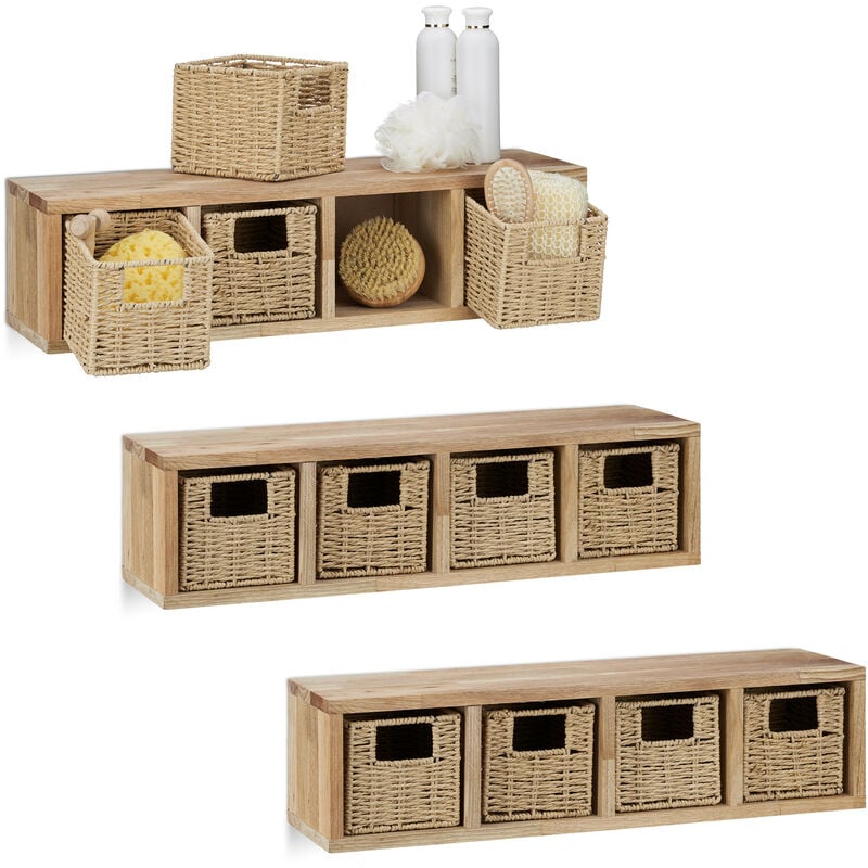 3x Etageres cube rangement, 12 paniers amovibles, corbeille bois noyer couloir chambre cuisine montage mural, nature