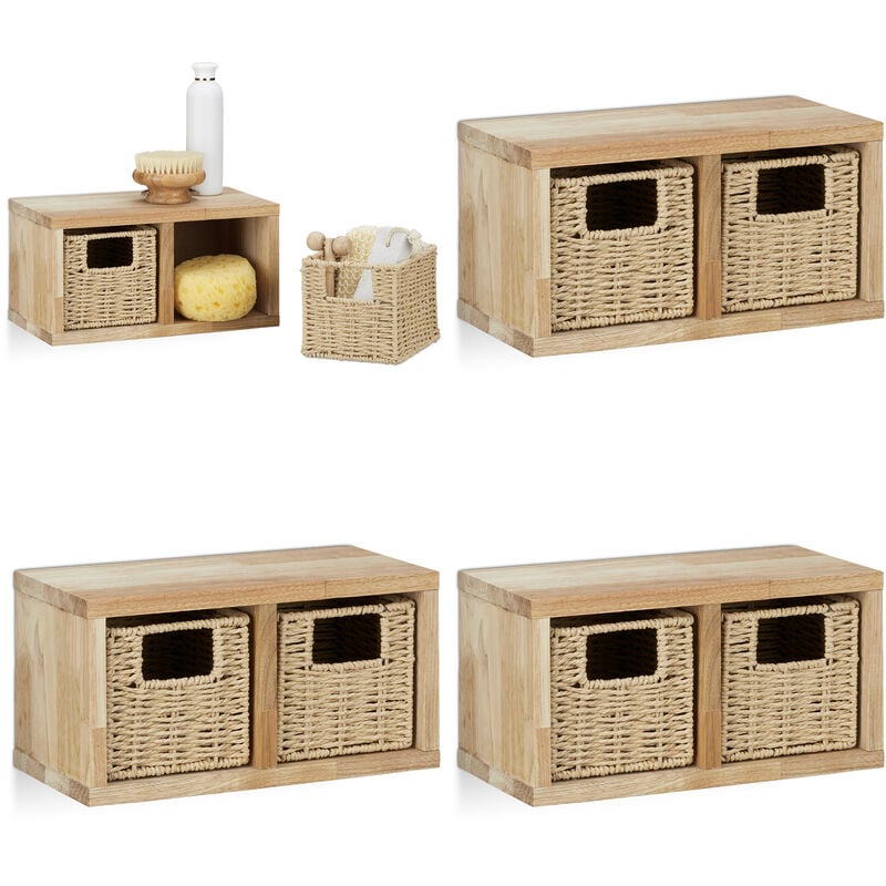 4x Etageres cube rangement, 8 paniers amovibles, corbeille bois noyer couloir chambre cuisine montage mural, nature