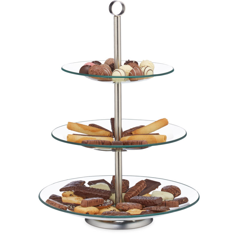 Relaxdays - Set Of 2 Étagère, 3-tier, Cupcake, Cookies, Fruit, Muffin Serving Stand, Glass, Stainless Steel, Silver/clear