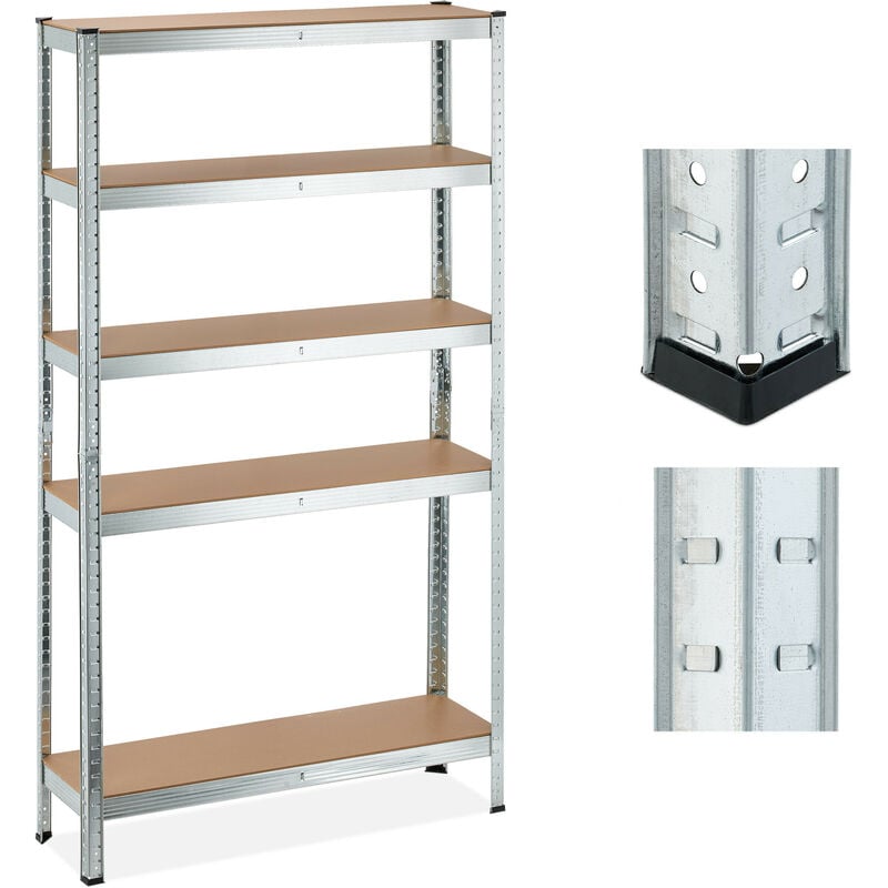 Tagère à charge lourde, 5 niveaux, hlp 180x100x30 cm, supporte jusqu'à 1250 kg, cave, garage, métal, argenté - Relaxdays
