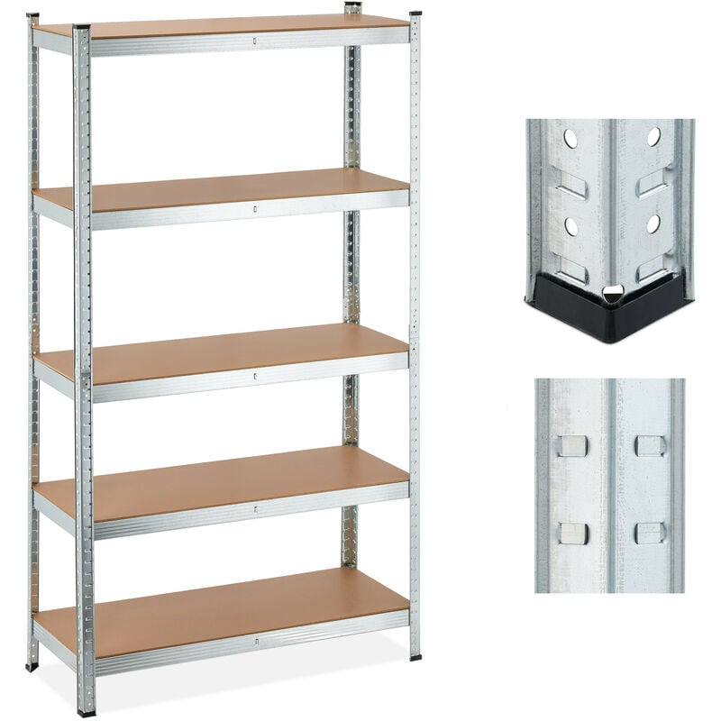 Tagère à charge lourde, 5 niveaux, hlp 180x100x40 cm, supporte jusqu'à 1250 kg, cave, garage, métal, argenté - Relaxdays