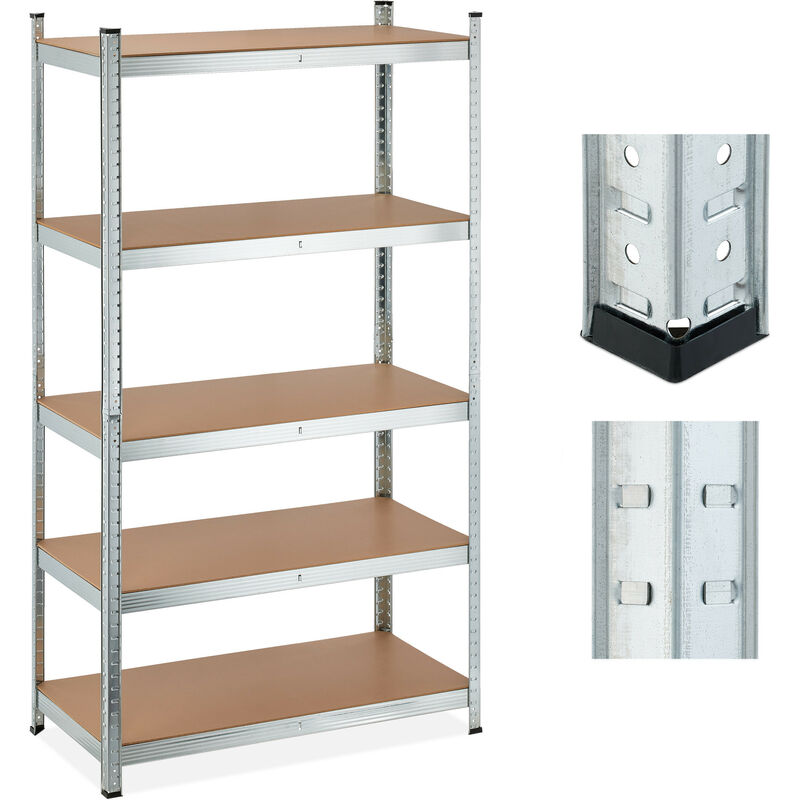 Tagère à charge lourde, 5 niveaux, hlp 180x100x50 cm, supporte jusqu'à 1250 kg, cave, garage, métal, argenté - Relaxdays