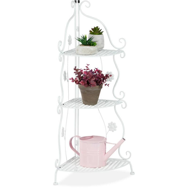Relaxdays - tagère à fleurs et plantes, métal, 3 étages, extérieur et intérieur, HxLxP : 82,5x31x31 cm, coin, blanc