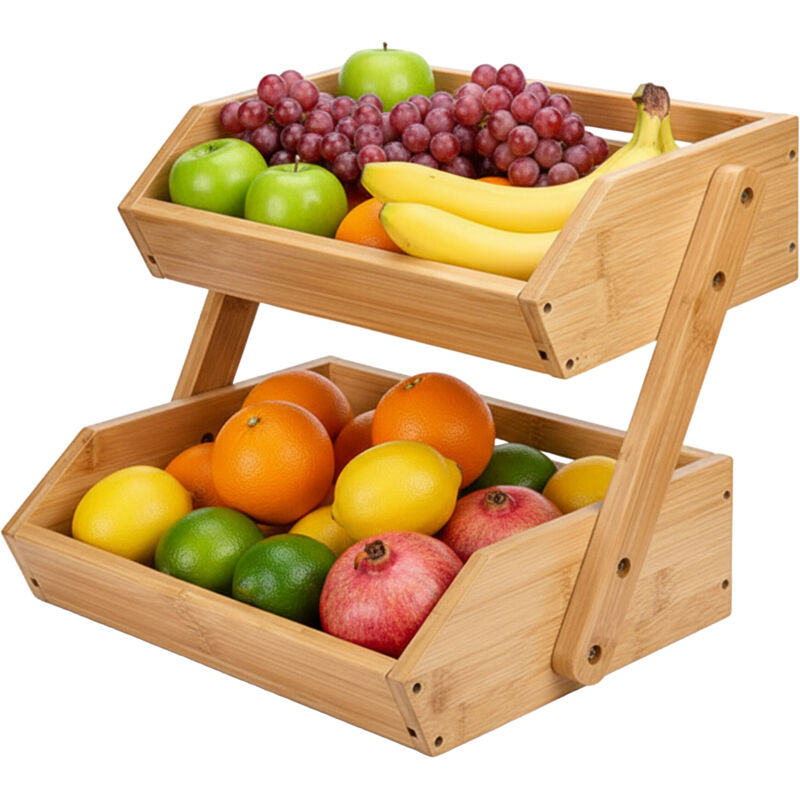 Relaxdays Étagère à fruits en bambou, 2 niveaux, 26,5 x 30 x 25 cm, étagère à corbeille, fruits et légumes, nature