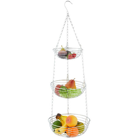 Relaxdays Étagère à fruits et légumes, suspendue, 3 niveaux, métal, corbeilles rondes, HxD : 82 x 26,5 cm, argentée