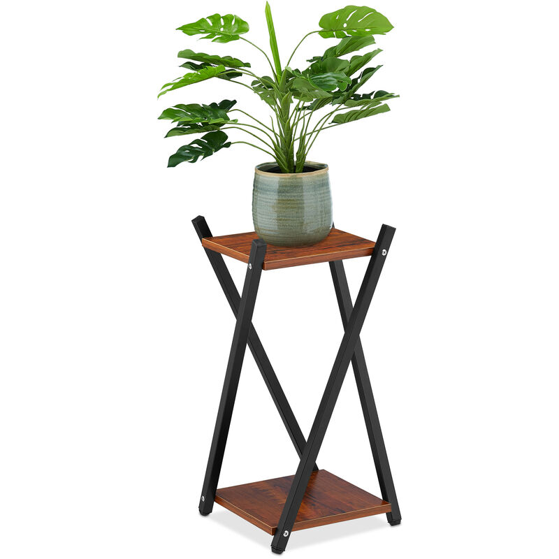 Tagère à plantes, 2 surfaces effet bois, tabouret moderne fleur, hlp : 57x29x29 cm, colonne, noir-brun foncé - Relaxdays