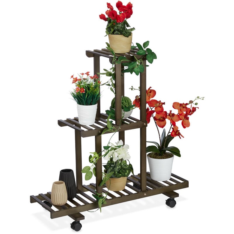 Tagère à plantes, avec 3 niveaux, en bambou, roulettes, hlp : env. 82 x 81 x 36 cm, intérieur, marron - Relaxdays
