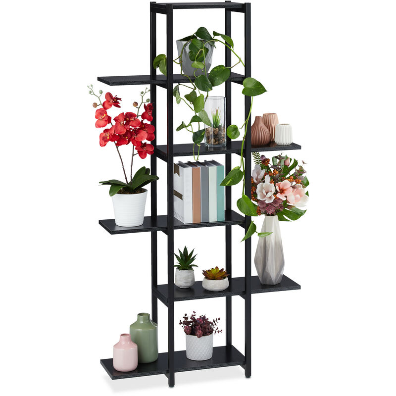 Tagère à plantes, escalier fleurs, 6 niveaux, hlp 150 x 78 x 24 cm, acier mdf, support intérieur, noir - Relaxdays