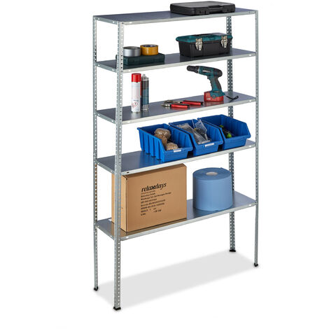 Relaxdays – Étagère charge lourde 250 kg – 5 niveaux modulables HLP 185x100x30 cm – Acier zingué argenté pour garage et cave