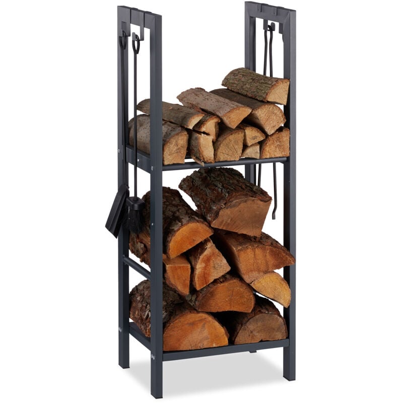 Relaxdays - Etagère Cheminée 100x40x30 cm étagère à bûches 2 niveaux bois porte-bûches range buche 4 crochets, anthracite
