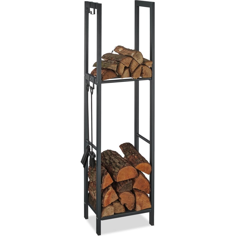 Relaxdays - Etagère Cheminée 150x40x30 cm étagère à bûches 2 niveaux bois porte-bûches range buche 4 crochets, anthracite