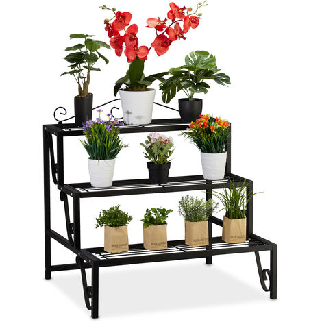 Relaxdays – Étagère de jardin en métal noir 3 niveaux – Dimensions H 69 cm, L 70 cm, P 60 cm – Capacité 10 kg par niveau – Pour plantes et vases