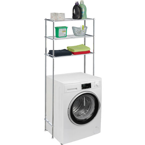 Relaxdays Etagère de machine à laver en métal, 3 niveaux, rangement de salle de bain, WC, HLP 162,5x67x30 cm, argenté