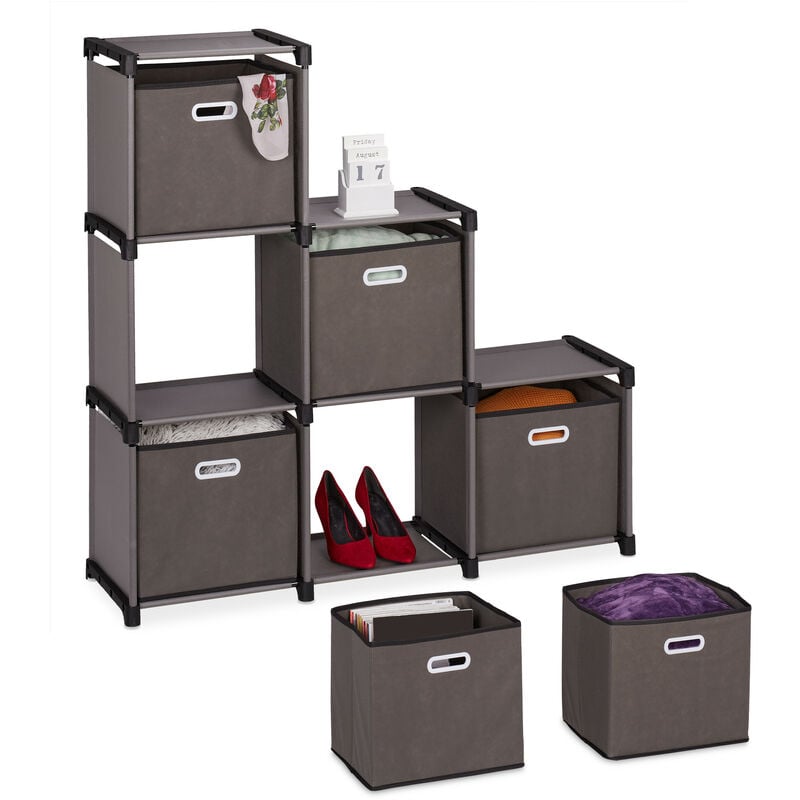 Tagère de rangement,paniers en tissu, 6 compartiments, hlp : 110x108x31 cm, acier et tissu, cubes, gris - Relaxdays
