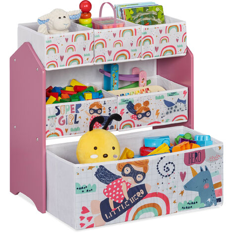Relaxdays – Étagère enfant à 6 tiroirs – Dimensions H 66 cm, L 63 cm, P 30 cm – MDF et tissu – Motif super-héroïne – Rangement jouets multicolore