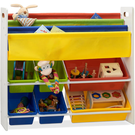  Étagère enfants, Bibliothèque, 9 Boîtes de rangement jouets coloré, MDF+Plastique, HxLxP 78,5 x 86 x 26,5 cm